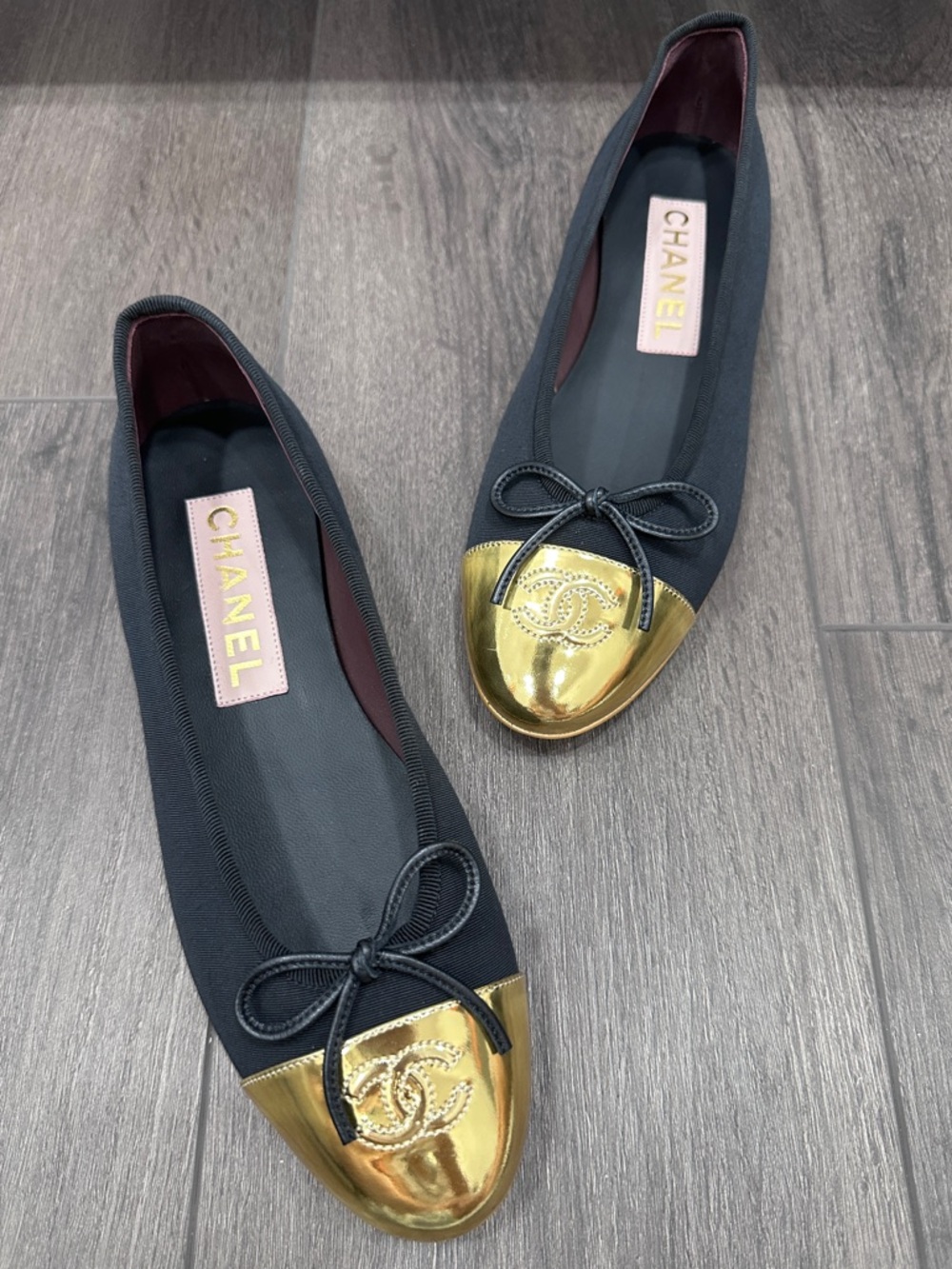 CHANEL BLACK FABRIC WITH GOLD CAPTOE BALLET FLATS SHOES SIZE 38C NEW W/DUST BAGS
